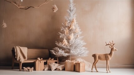 Wall Mural - Beautiful Christmas tree with gift boxes and wooden reindeer near beige wall. decorations, xmas, celebrate new year happy festival, party, gift, present, card, happiness, countdown, gift box. holiday.