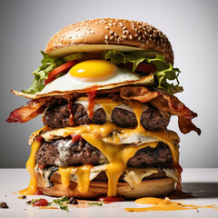 Poster - delicious towering burger on a white background