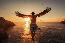 Depiction Of Icarus's Daring Flight From Ikaria In Ancient Greece, Soaring Above The Sea Towards The Sun. The Image Showcases The Essence Of Ambition, Courage, And The Caution Of Reaching Too High.