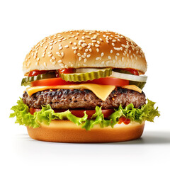 Poster - delicious towering burger on a white background