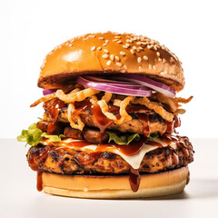 Poster - delicious towering burger on a white background