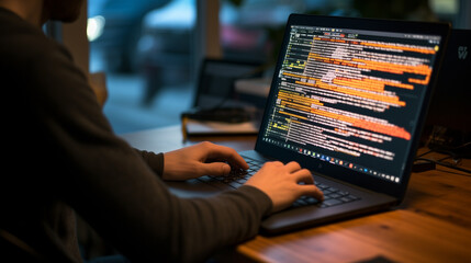 Web or application development, business and technology concept. Programmer, man software developer hands coding, programming on laptop computer screen, back view close up. Programming concept. 