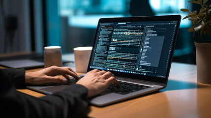 Web or application development, business and technology concept. Programmer, man software developer hands coding, programming on laptop computer screen, back view close up. Programming concept. 