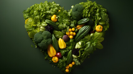 Heart shaped fresh veggies on a green backdrop. Happy vegan day. 