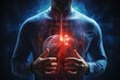 3D halogram of a heart against the background of a human silhouette, study of heart disease by AI, AI in the development of treatment for heart disease