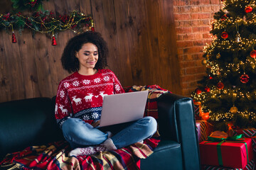 Poster - Full length photo of peaceful lovely person sit cozy couch use wireless netbook new year magic apartment indoors