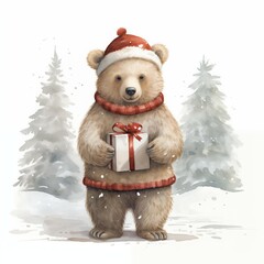 Wall Mural - Adorable Illustration of a Christmas Bear with Festive Cheer on a Clean White Background