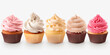 Cupcake muffin with icing frosting on transparent background cutout. PNG file. Many assorted different flavour. Mockup template for artwork design
