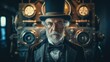 Elderly man in steampunk style clothing, machinery with gears in the background, bokeh background. Generative AI