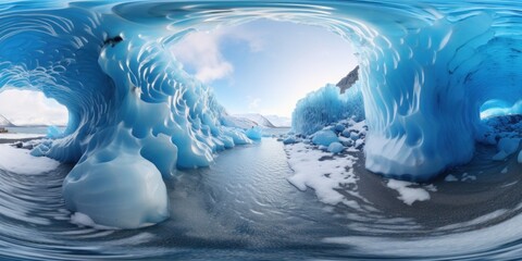 Canvas Print - 360 spherical panorama of a blue ice cave with water flowing through it, AI