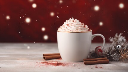 Sticker - Hot chocolate with whipped cream and cinnamon on a red background, AI