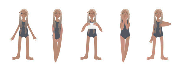 Five tanned European girls in swimsuits. Calm standing poses: thumbs up, piece of paper in hands. Tanned skin and blond hair. Vector illustration in flat style