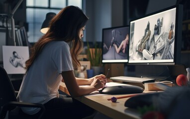 Female designer creating a shoe model while working on a computer