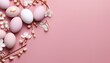 Happy Easter eggs poster with spring flowers on a pink background 