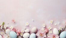 Happy Easter Banner With Spring Flowers Background, Spring Flowers. Greeting Card, Banner Design. Generated AI 