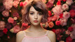 Portrait of beautiful Japanese women with short bob haircut, white lace top, pink blush, roses background