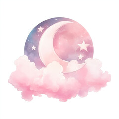 Wall Mural - Magic night sky with pink and purple clouds, stars and crescent moon isolated on white background. Watercolor clipart. Beautiful nature concept. Design for textile, fabric, paper, print, banner