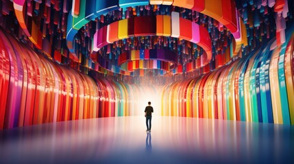 Wall Mural - A man standing in front of a colorful tunnel, AI