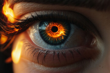 Fototapeta close up of eye, burning glowing fire in the eye iris