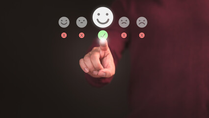 Poster - Male hand touching the virtual screen on happy smile face icon to give satisfaction in service. Online review concept of assessment testimonial customer service and feedback, Opinion rating very good.
