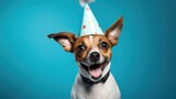 Fototapeta  - A joyful small Jack Russell terrier dog with a party hat brings energy to the blue background, captured candidly. Generative AI.