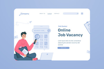 Wall Mural - a man search for job vacancies online illustration on landing page design