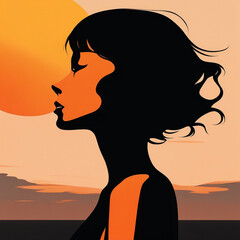 Wall Mural - walking on the sun // create a visually captivating minimalist artwork featuring a woman's silhouette in sunset tones against a black background. Emphasize simplicity .