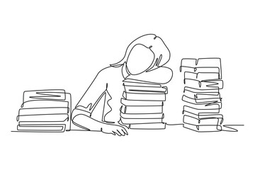 Single one line drawing of young bored female college student fall asleep on pile of books while studying at library. Learning concept. Modern continuous line draw design graphic vector illustration