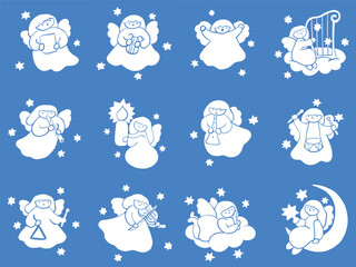 Set of Christmas art. Choir of baby angels plays and sings carol in sky. Hand drawing vector, simple, cute, kawaii trendy. Wall art print, cover, card or decoration.