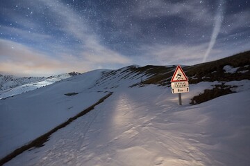 Poster - Winter Night Snowy Landscape, Mountains and Starry Sky