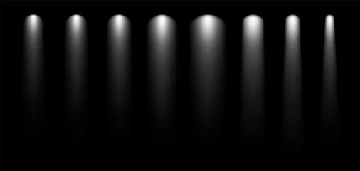 Poster - Theater show spotlight effect. Vector spot lightened stage background. White lamp glow in black concert studio. Night award scene.