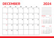 December 2024 Calendar. Week start on Sunday. Desk calendar 2024 design, simple and clean design, Wall calendar for print, digital calendar, Corporate design planner template vector.