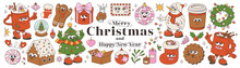 Merry Christmas And Happy New Year Collection. Tree, Santa Claus, Gingerbread, Sweets, Wreath, Garland, Gifts, Balls, Bell Of Trendy Retro Mascot Style. Groovy Cartoon Sticker Pack.