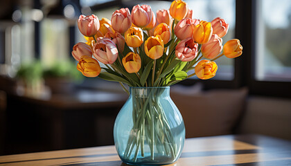 Canvas Print - Freshness and elegance in a bouquet of multi colored tulips generated by AI