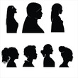 Head silhouettes. Female faces portraits, anonymous person head silhouette illustration set. People profile and full face portraits