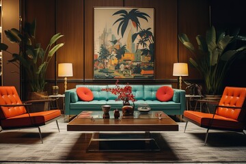 Wall Mural - Living room with blue couch, orange chairs, coffee table, and painting on the wall. The couch is in the center of the room, facing the chairs. The coffee table is between the couch and chairs