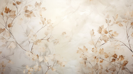 backdrop is a beige delicate background with a frame of floral ornament, warm parchment color and autumn tree branches