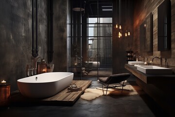 Wall Mural - Serene and inviting bathroom with freestanding bathtub, two sinks, and large mirror, creating a luxurious and spa-like oasis. The bathtub is the perfect place to soak away the stresses of the day