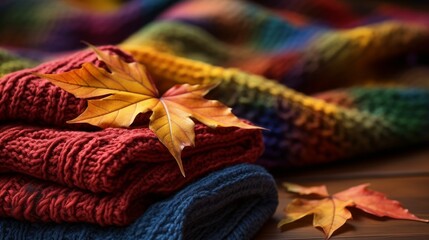 Wall Mural - pile of colorful autumn leaves next to a warm knitted sweater  AI generated illustration