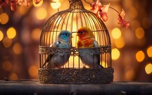 Realistic Photo Of Cute Love Birds In A Cage, Outdoors. Generative Ai
