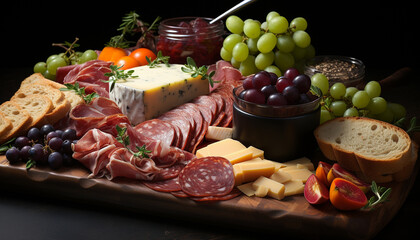 Wall Mural - Gourmet buffet fresh bread, meat, fruit, and cheese generated by AI