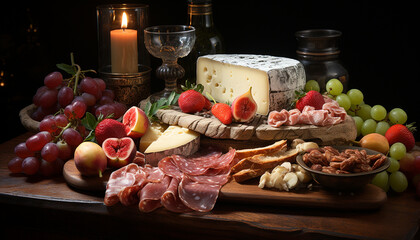 Wall Mural - A rustic table with gourmet food wine, cheese, and prosciutto generated by AI