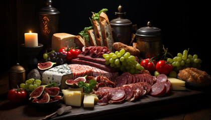 Wall Mural - Freshness and variety on a rustic wood table gourmet delicatessen generated by AI