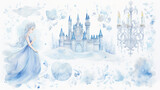 fairy princess castle, light blue watercolor on a white background, illustration for a children's book