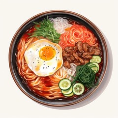 water color Korean Naengmyeon - Korean Cold Noodles flat vector design illustration, clipart cartoon style. Asian food. Korean cuisine. Korean cold noodle soup