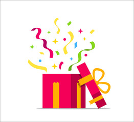 Open surprise gift box with confetti explosion inside. Raffle fun present with flying particles. Red giftbox for enter to win prizes. vector ..Open gift box surprise