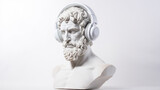 Fototapeta  - classical music concept, the head of an abstract fictional ancient male statue in modern music headphones, listening to music on a white background