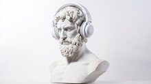 Classical Music Concept, The Head Of An Abstract Fictional Ancient Male Statue In Modern Music Headphones, Listening To Music On A White Background