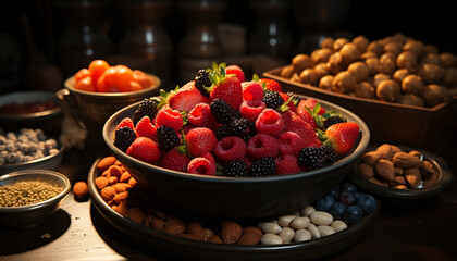 Wall Mural - Healthy eating fresh, organic berry fruit on wooden table generated by AI