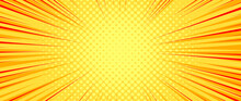 Yellow Orange Radial Dotted Comic Background. Speed Lines Wallpaper With Pop Art Halftone Texture. Anime Cartoon Rays Explosion Backdrop For Poster, Banner, Print, Magazine, Flyer. Vector Illustration